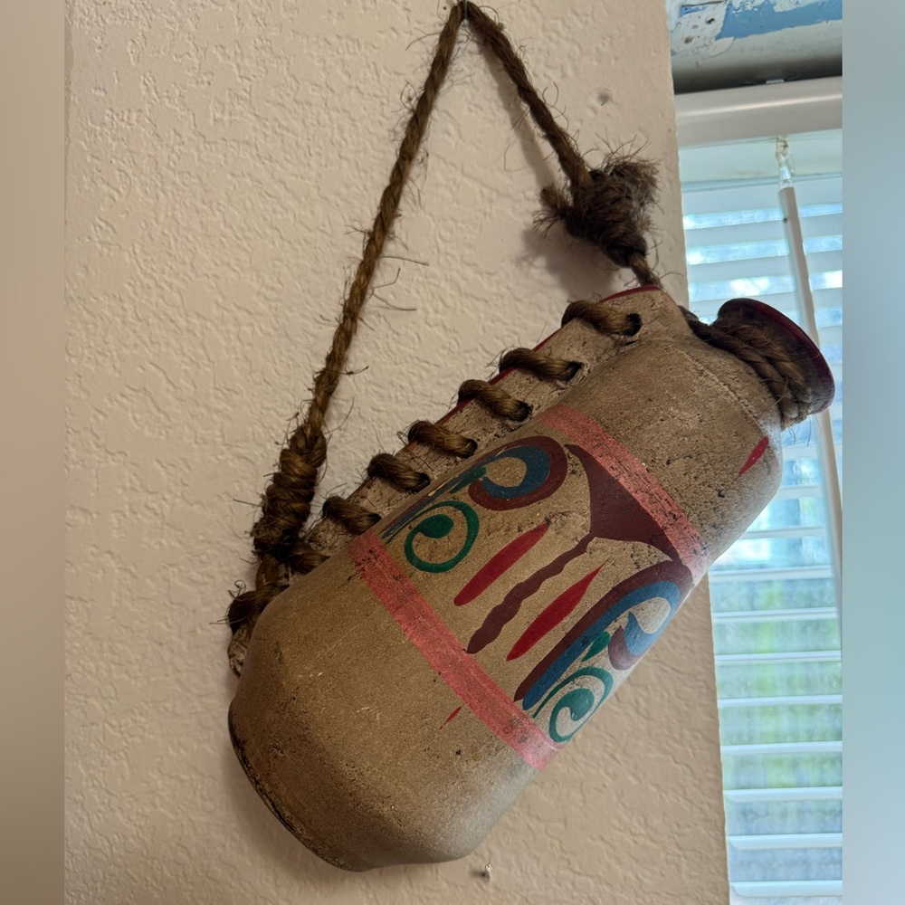 Vintage Mexican Water Jug Art Wall Decor with Hanging Rope